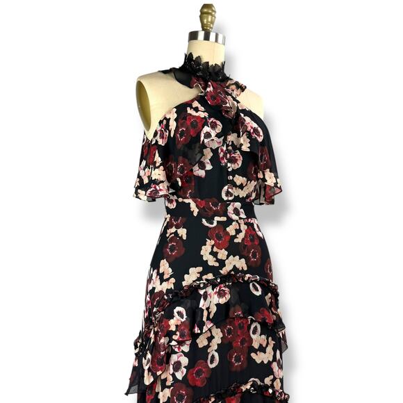 New w/Tag NICHOLAS silk floral ruffle tiered asymmetrical Goddess gown - Picture 9 of 17